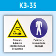 Знак «Опасно - едкие и коррозийные вещества. Работать в защитной одежде», КЗ-35 (пластик, 400х300 мм)
